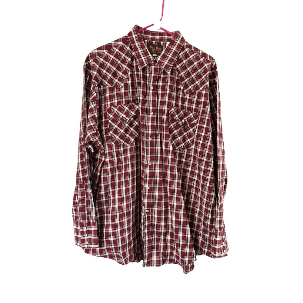 Plains Western Wear Mens XL Maroon Plaid Long Sleeve Pearl Snap Button Down